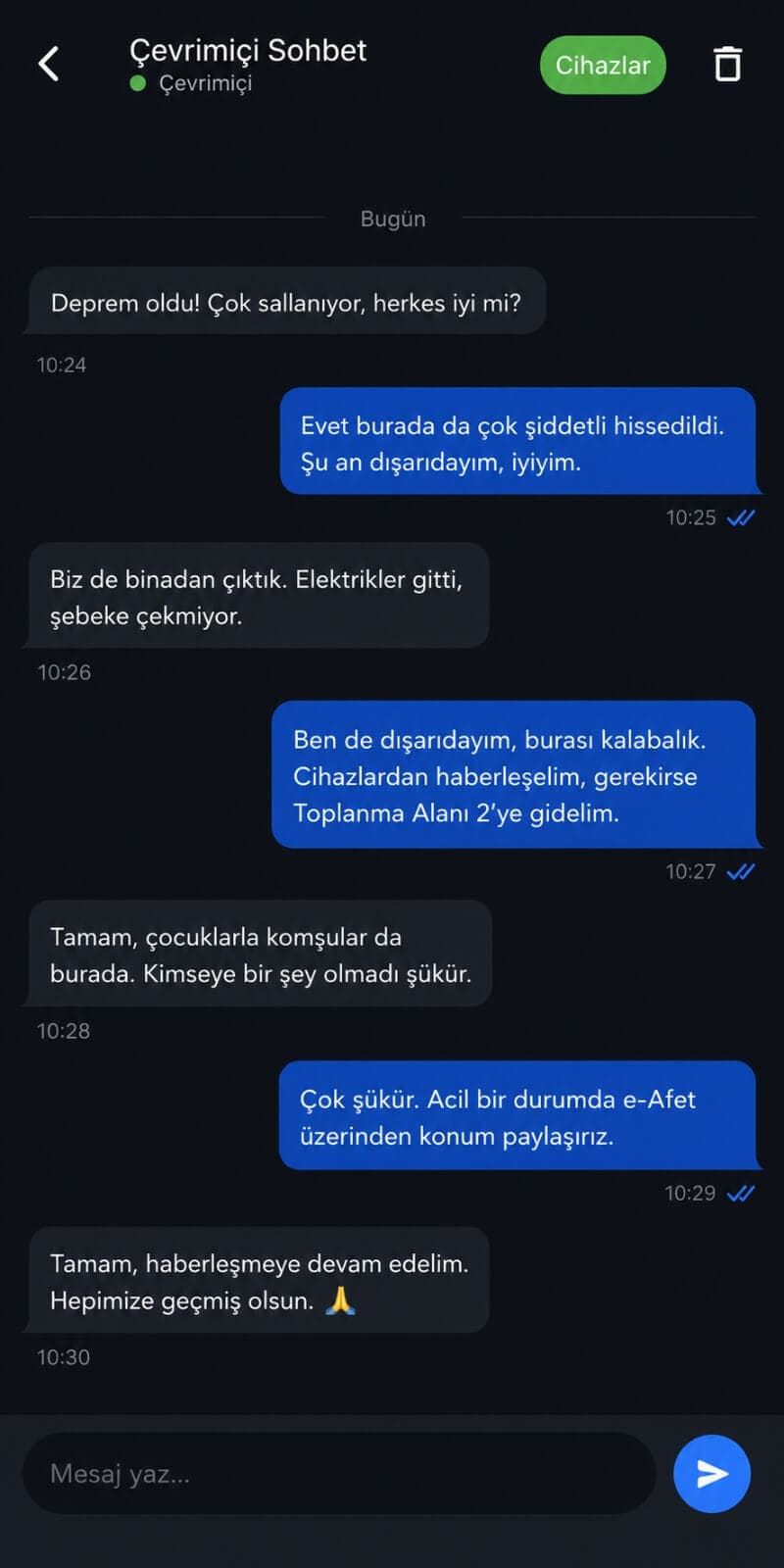 Mobil uygulamanın sohbet ekranı: deprem sonrası örnek bir yazışma; başlıkta çevrimiçi durum göstergesi ve cihazlar düğmesi.