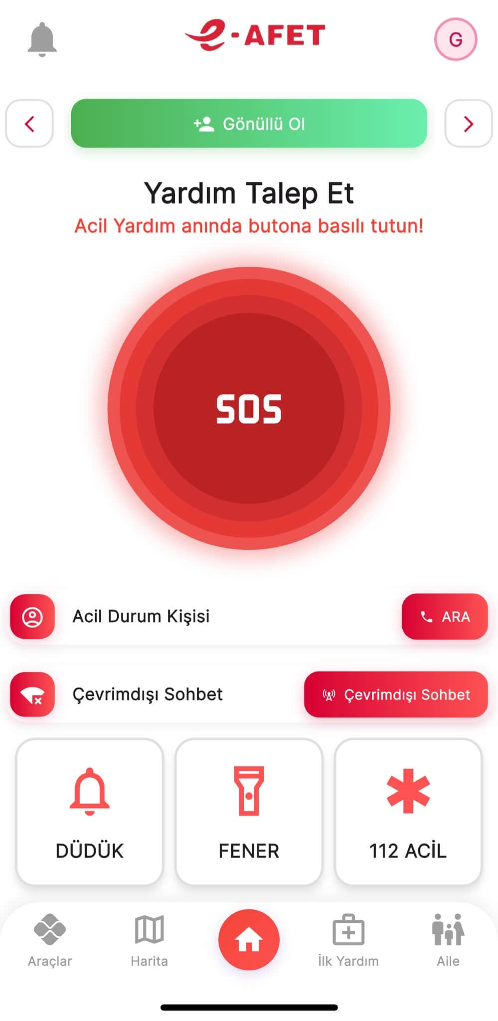 Mobil uygulamanın acil yardım ekranı: büyük SOS düğmesi, acil durum kişisini arama, çevrimdışı sohbet, düdük, fener ve 112 kısayolları.